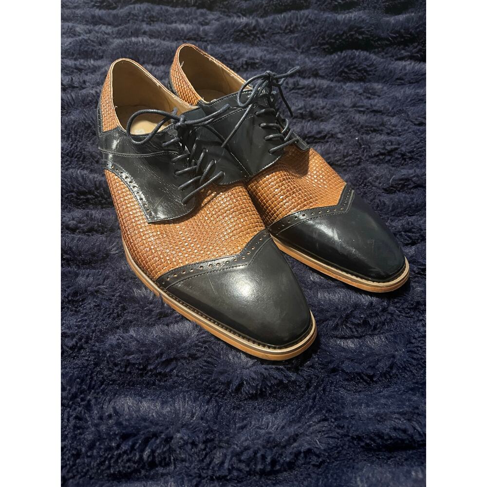 Stacy Adams Mens 10.5 Black Brown Woven Cap Toe Oxford Dress Shoes EUC